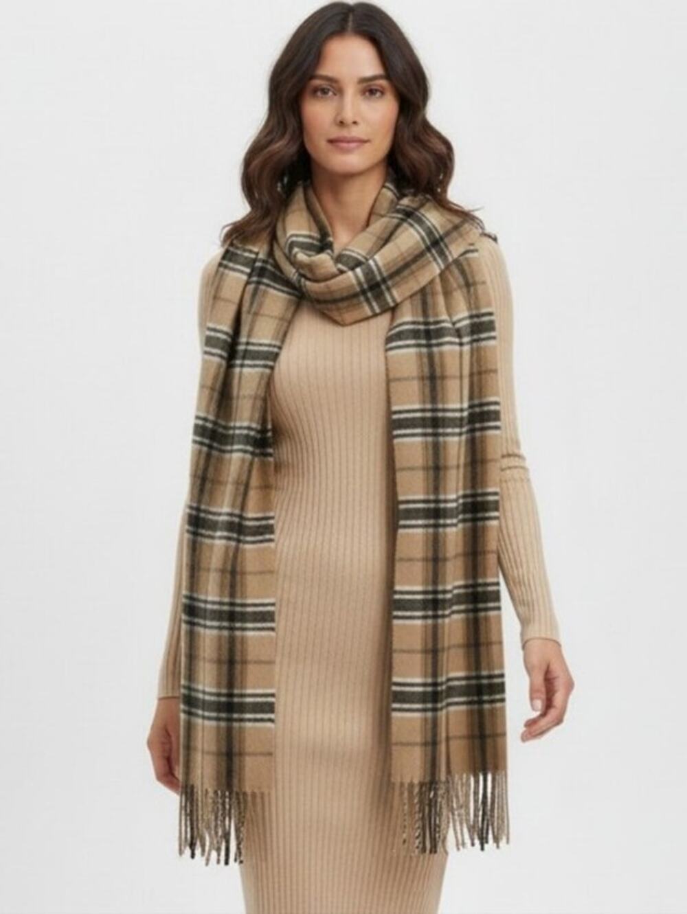 Cashmink Nova Check Scarf Long 62" x 9" Tan Plaid Fringe Quiet Luxury Neutral